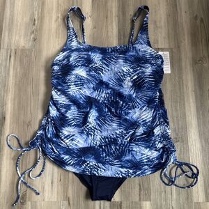NWT Lands End Blue and White One Piece Side Rouching adjustable length Size 18L